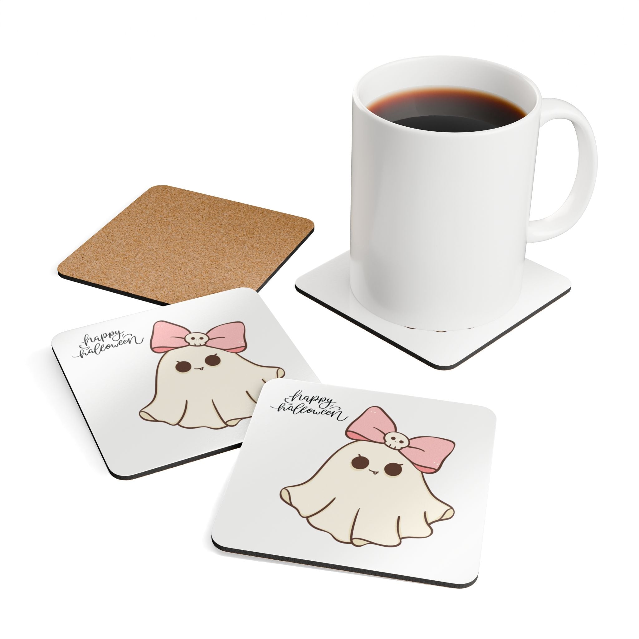 Halloween Ghost Coaster Set, Cute Halloween Decor, Cork Coasters, Fun Drinkware Gift, Kawaii Coasters for Parties, Spooky Home Accents