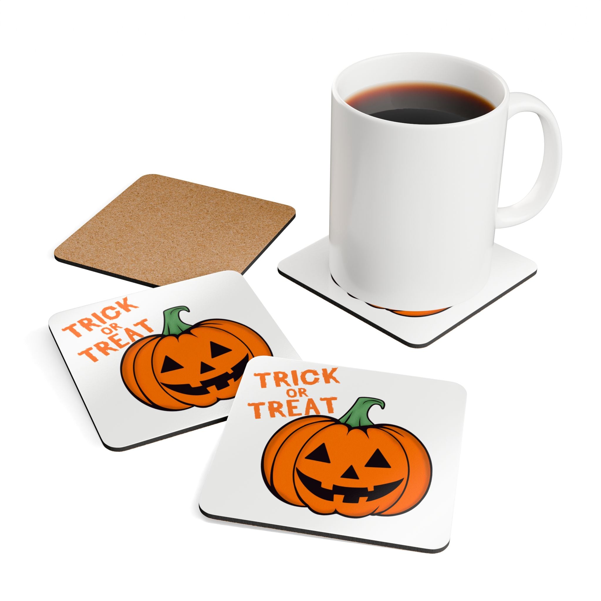 Halloween Pumpkin Coaster Set, Trick or Treat Cork Coasters, Fun Autumn Decor, Spooky Home Accessories, Gifts for Fall Parties