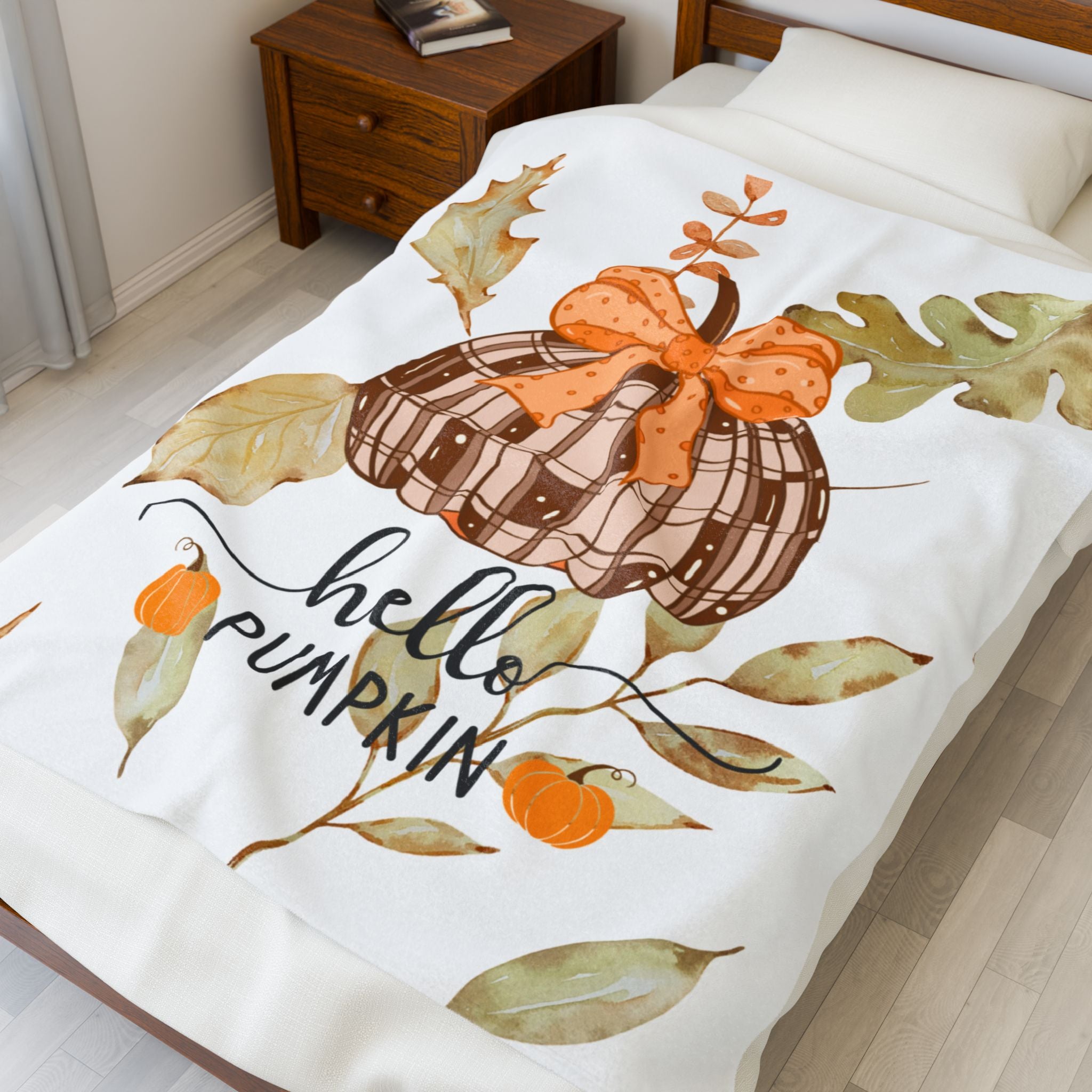 Hello Pumpkin Fall Velveteen Plush Blanket, Cozy Throw, Autumn Decor, Thanksgiving Gift, Soft Home Blanket