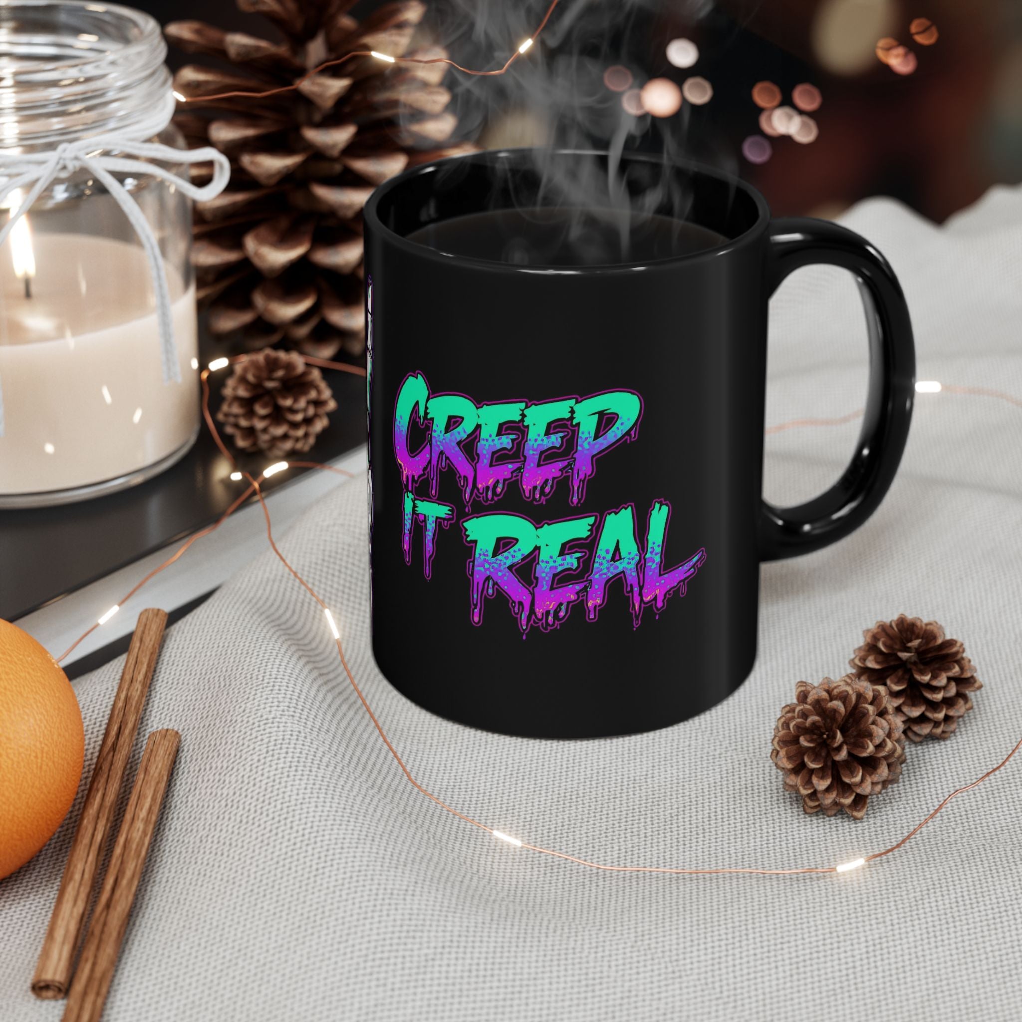 Cool Graphic Mug with Creep It Real Design, Perfect for Halloween, Coffee Lovers, Gift for Friends, Unique Art Mug, Quote Mug