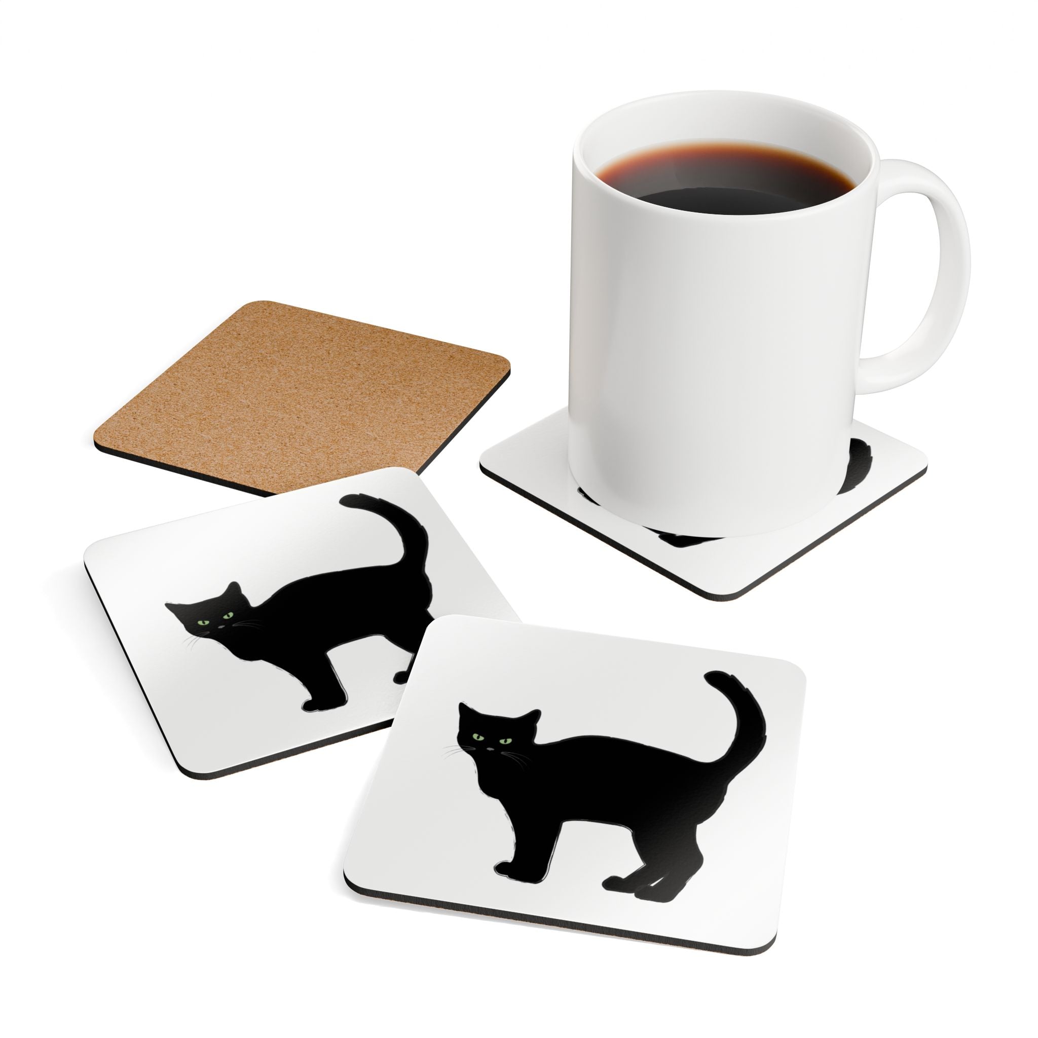 Black Cat Corkwood Coaster Set, Perfect for Cat Lovers, Home Décor, Halloween Party, Gift for Cat Owners, Eco-Friendly Coasters