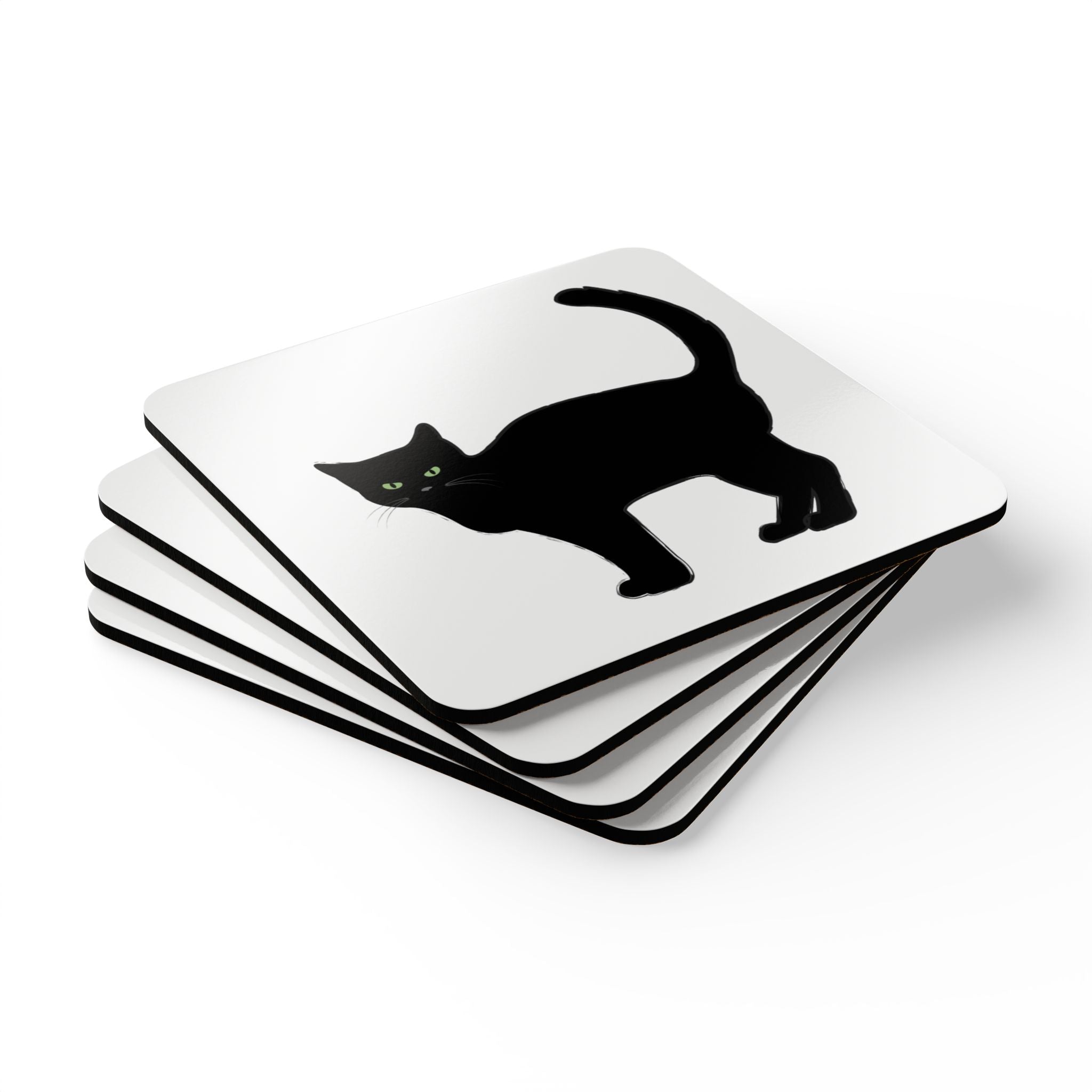 Black Cat Corkwood Coaster Set, Perfect for Cat Lovers, Home Décor, Halloween Party, Gift for Cat Owners, Eco-Friendly Coasters