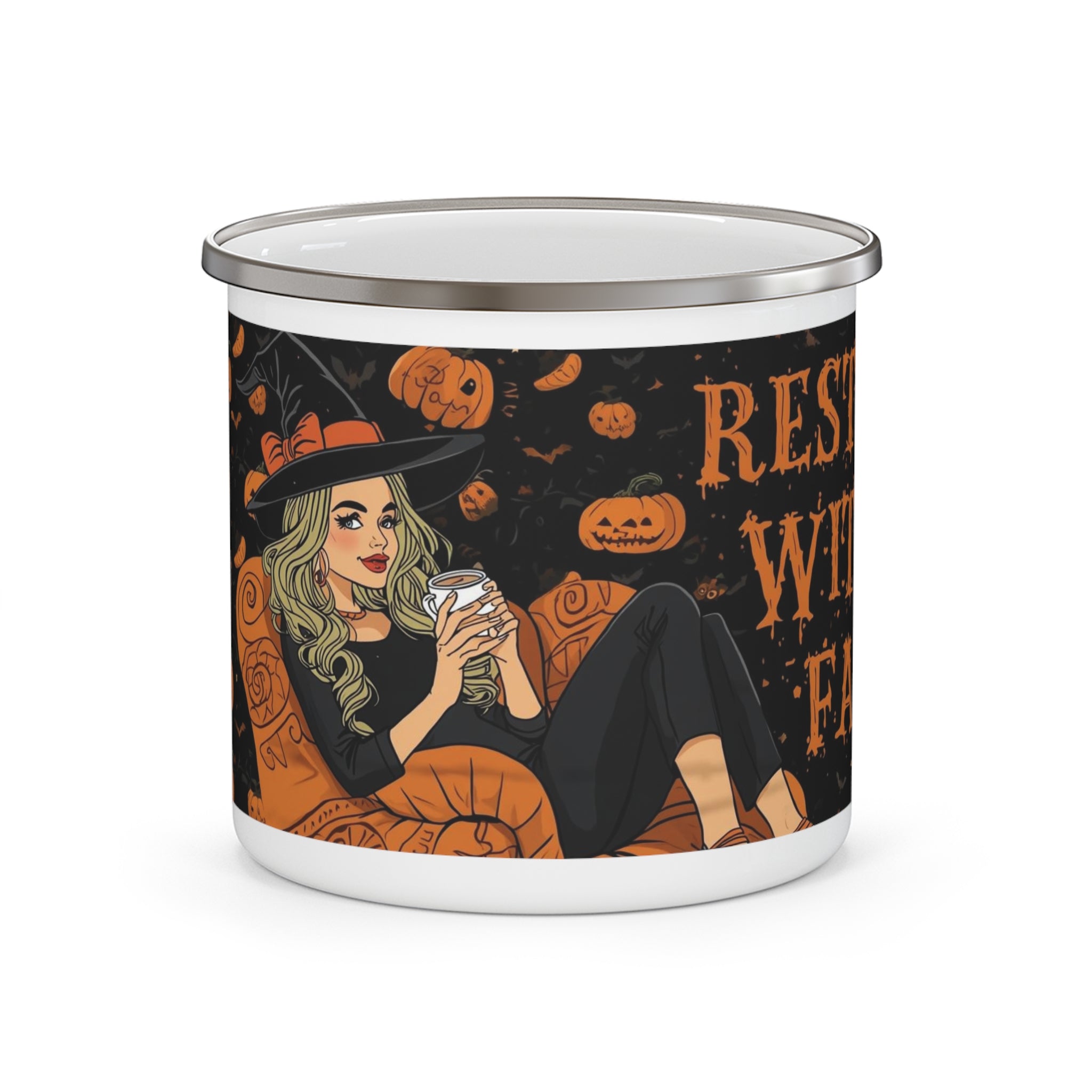 Resting Witch Face Enamel Camping Mug | Halloween Mug, Witch Decor, Spooky Season Gift, Cozy Autumn Drinkware, Camping Gear
