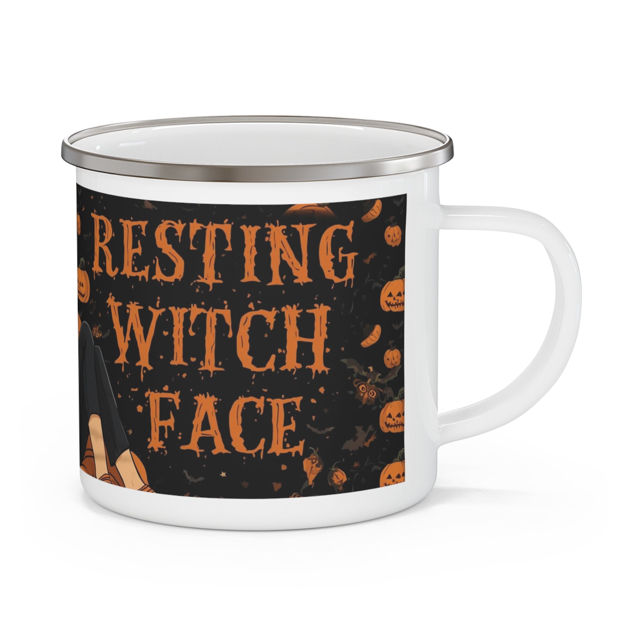 Resting Witch Face Enamel Camping Mug | Halloween Mug, Witch Decor, Spooky Season Gift, Cozy Autumn Drinkware, Camping Gear