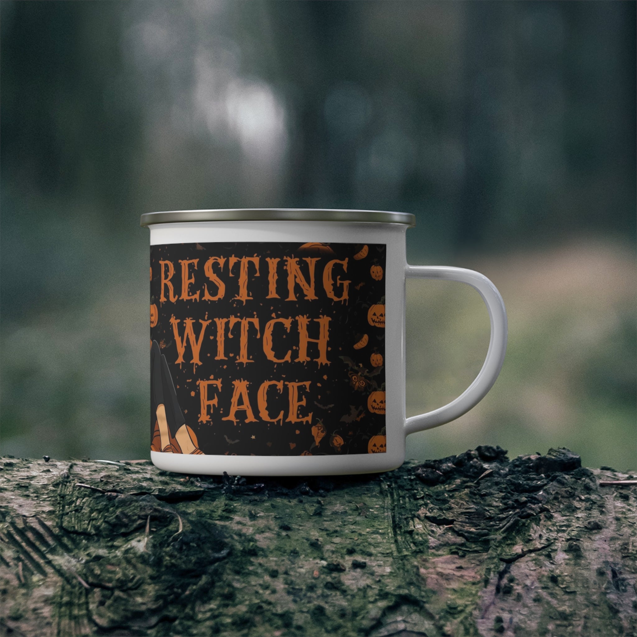 Resting Witch Face Enamel Camping Mug | Halloween Mug, Witch Decor, Spooky Season Gift, Cozy Autumn Drinkware, Camping Gear